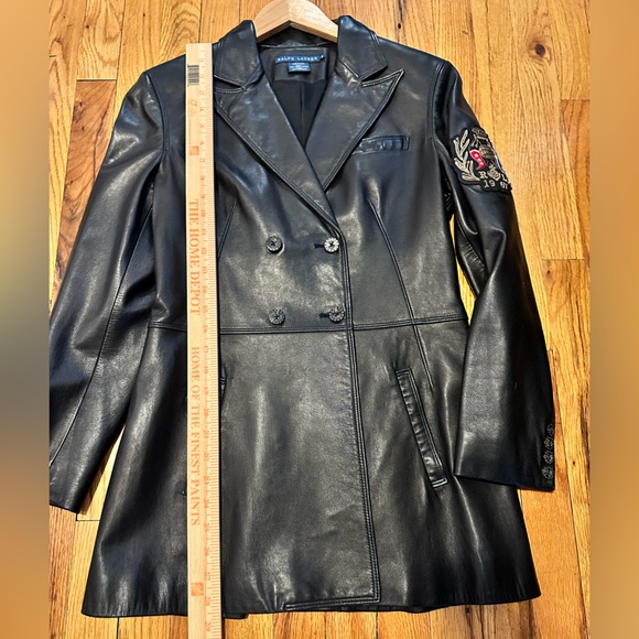 Never worn! Ralph Lauren Black Leather Long Jacket with Unique Embroidery Detail - Picture 7 of 8